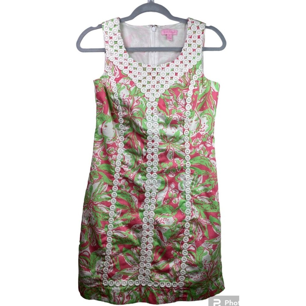 Lilly Pulitzer Hotty Pink Forgot My Trunks‎ MacFarlane Shift Dress w/Lace Sz 4
